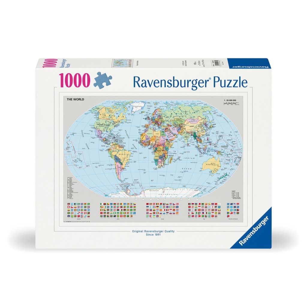 Ravensburger Political World Map 1000 piece jigsaw puzzle with countries shown in distinct colours