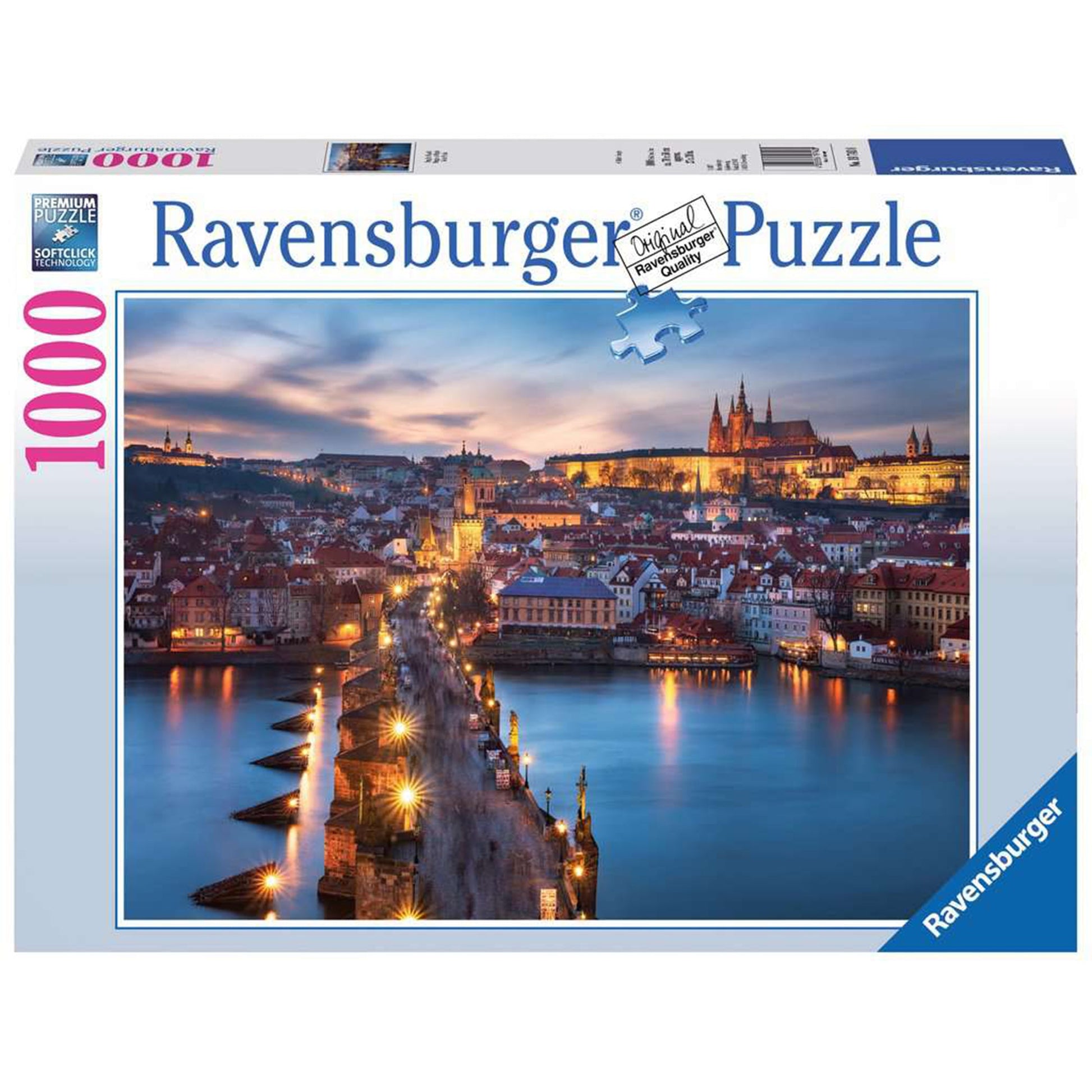 Ravensburger 1000-piece jigsaw puzzle box featuring a scenic twilight cityscape with a bridge over water and illuminated buildings.