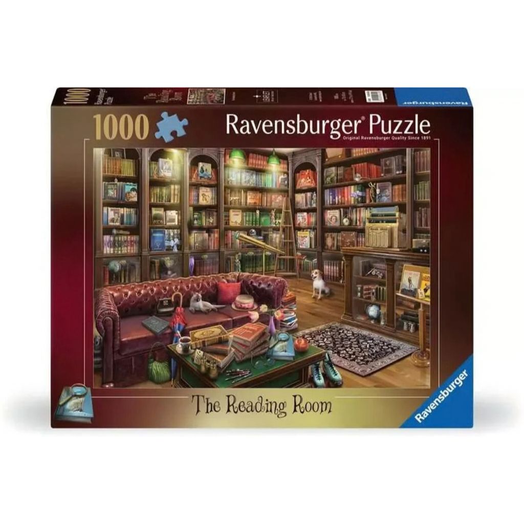 Ravensburger The Reading Room 1000 piece jigsaw puzzle showing a cosy room lined with bookshelves