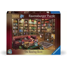 Ravensburger The Reading Room 1000 piece jigsaw puzzle showing a cosy room lined with bookshelves