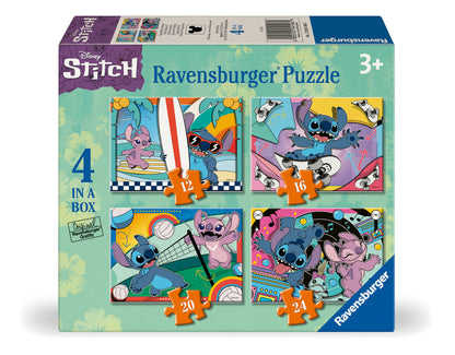 Four Disney Stitch jigsaw puzzles featuring surfing, skateboarding, volleyball and dancing scenes
