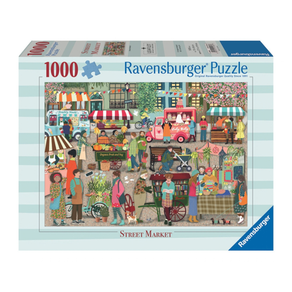 Ravensburger Street Market 1000 piece jigsaw puzzle, a busy illustrated market scene by Angela Holland