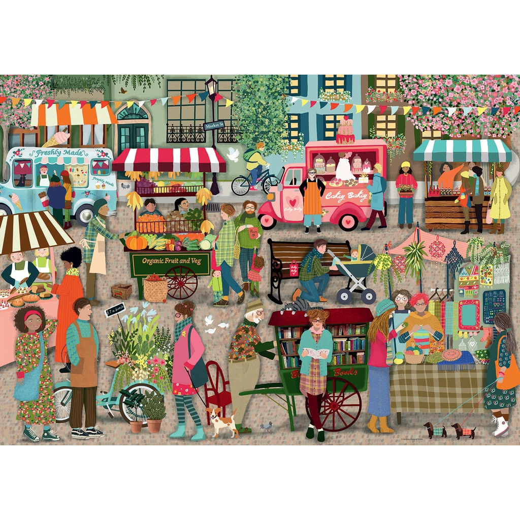 Close-up detail of fruit and vegetable stalls and fresh bakes in the Street Market puzzle artwork