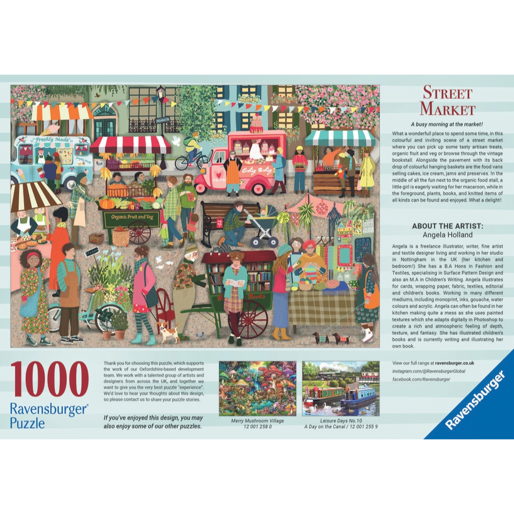 Detail of flower bouquets, book stall and locals with pets from the Street Market jigsaw puzzle