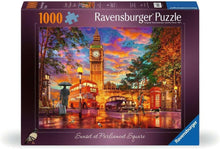 Ravensburger Sunset at Parliament Square 1000 piece jigsaw puzzle box featuring Big Ben and London at sunset
