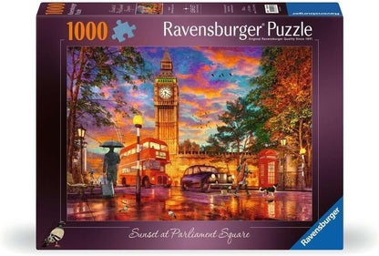 Ravensburger Sunset at Parliament Square 1000 piece jigsaw puzzle box featuring Big Ben and London at sunset