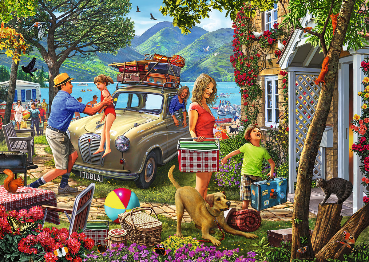Ravensburger Holiday Cottage 1000 piece jigsaw puzzle featuring a charming lakeside cottage, vintage family car, colourful gardens and peaceful countryside scenery