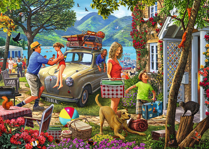 Ravensburger Holiday Cottage 1000 piece jigsaw puzzle featuring a charming lakeside cottage, vintage family car, colourful gardens and peaceful countryside scenery
