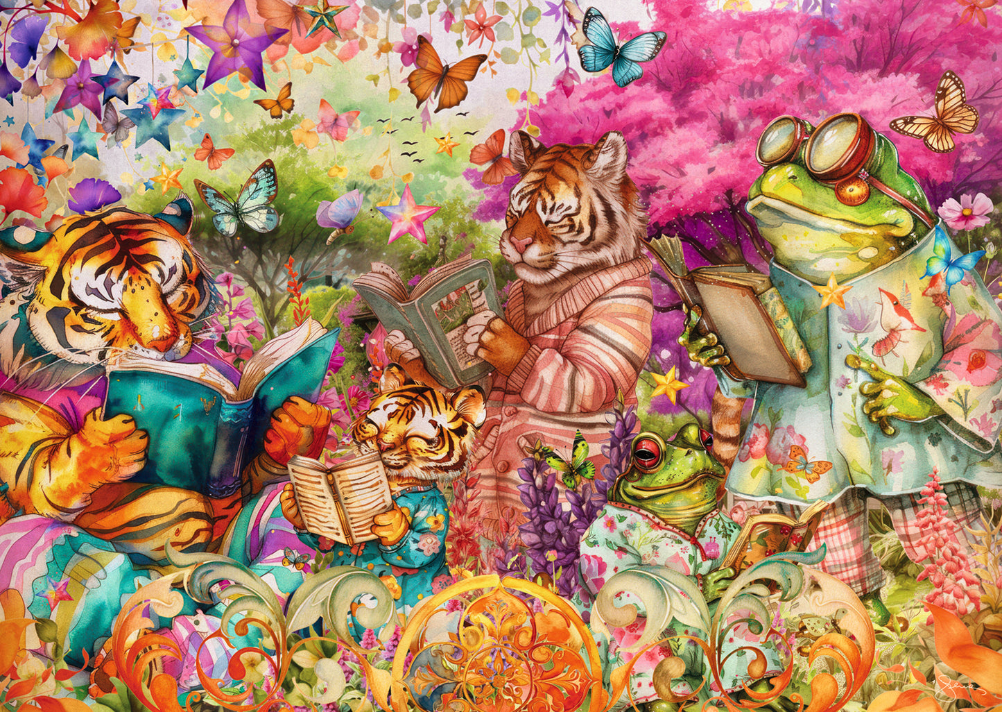Ravensburger Book Club 1000 piece jigsaw puzzle featuring tiger and frog families enjoying an outdoor woodland book club surrounded by nature