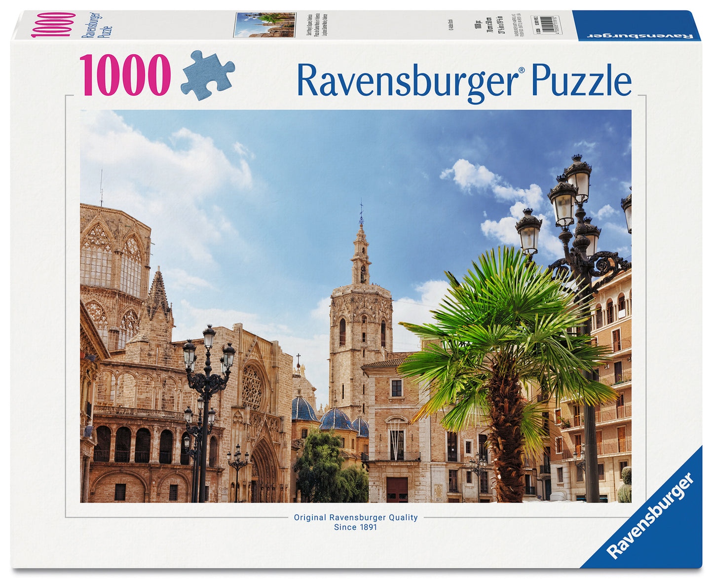 Ravensburger Saint Mary's Square Valencia 1000 piece jigsaw puzzle featuring the historic Plaza de la Virgen and stunning Spanish architecture