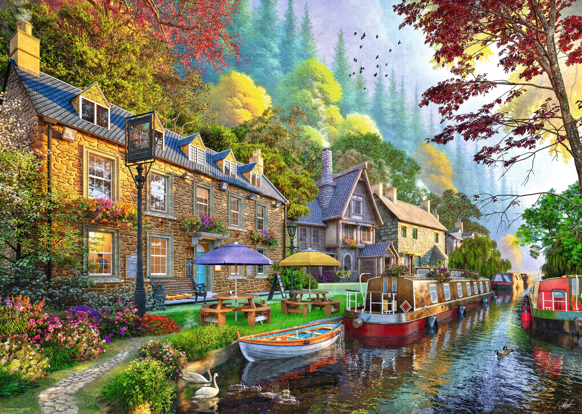 Ravensburger Down the Lane No. 6 Canal Side Lane 1000 piece jigsaw puzzle featuring a picturesque canal with colourful cottages, boats, swans and blooming gardens