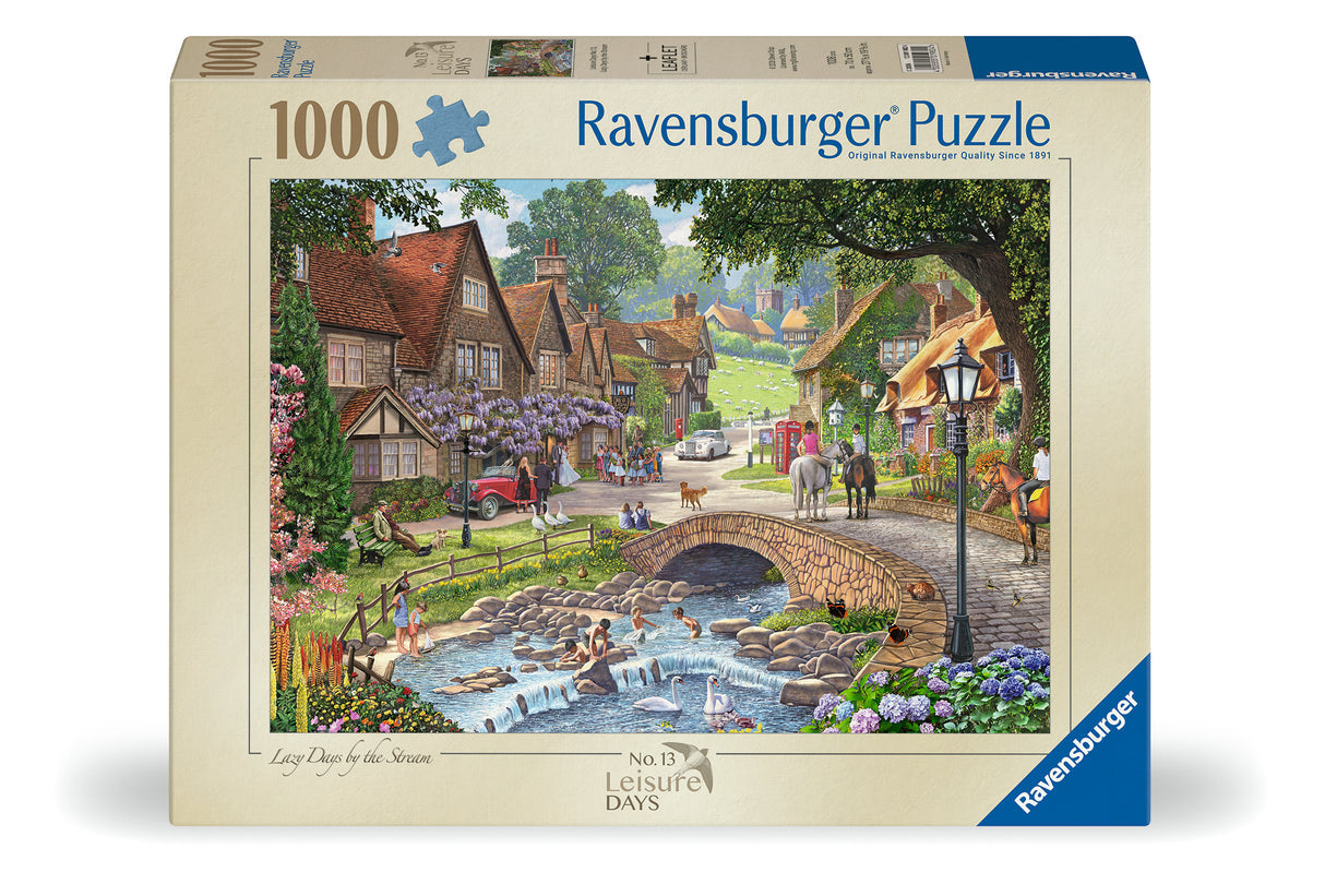 Ravensburger 1000 piece Lazy Days by the Stream puzzle featuring a picturesque countryside village and stone bridge