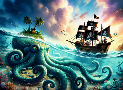 Ravensburger Octopus Treasure 100 XXL piece children's jigsaw puzzle featuring a giant octopus guarding an underwater treasure chest