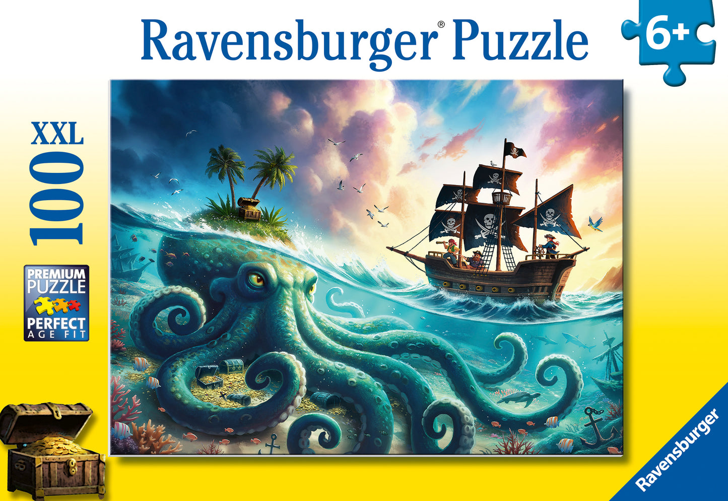 Ravensburger Octopus Treasure 100 XXL piece children's jigsaw puzzle featuring a giant octopus guarding an underwater treasure chest