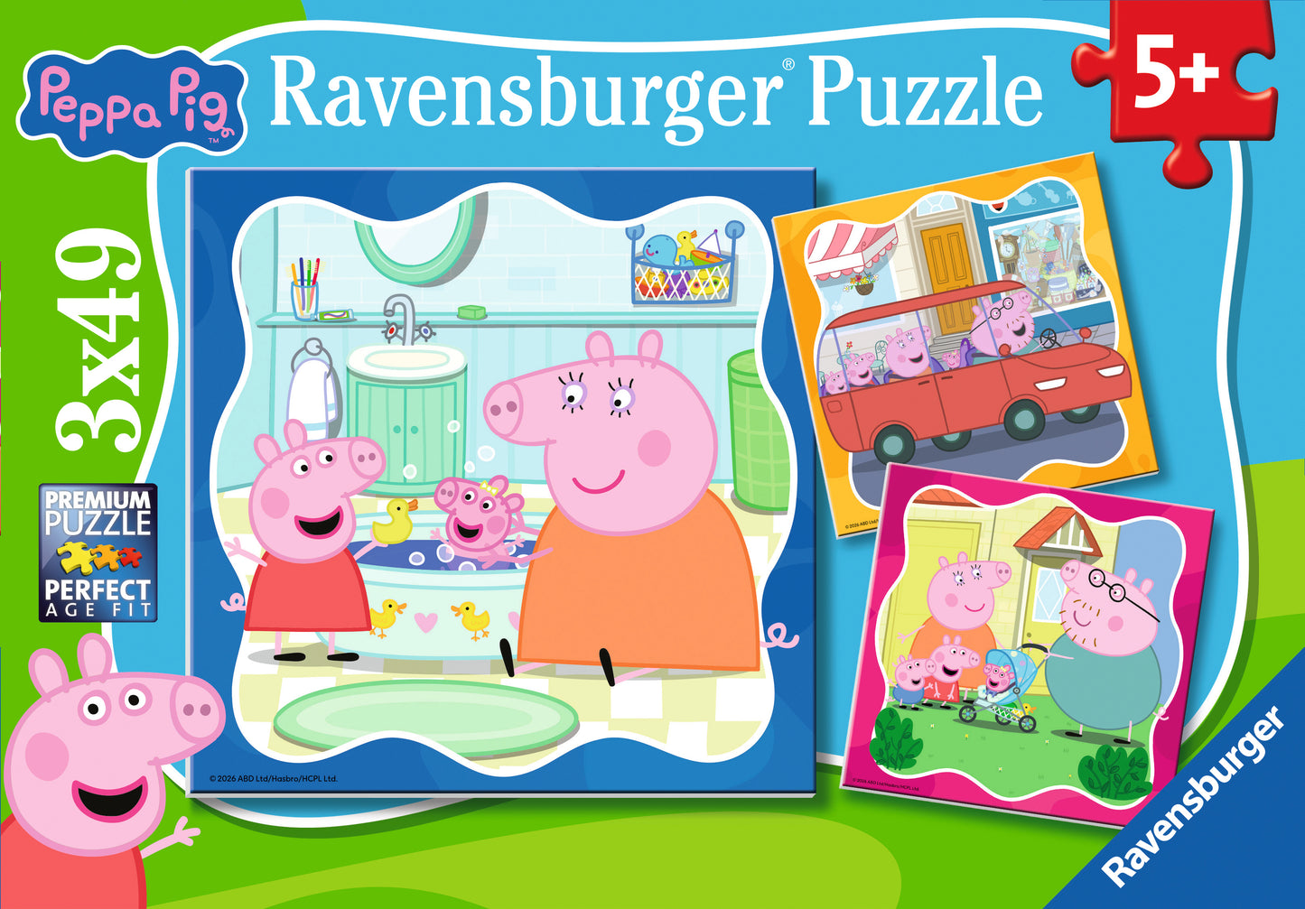 Ravensburger Family Firsts! Peppa Pig 3 x 49 piece children's jigsaw puzzle set featuring Peppa, George and baby Evie