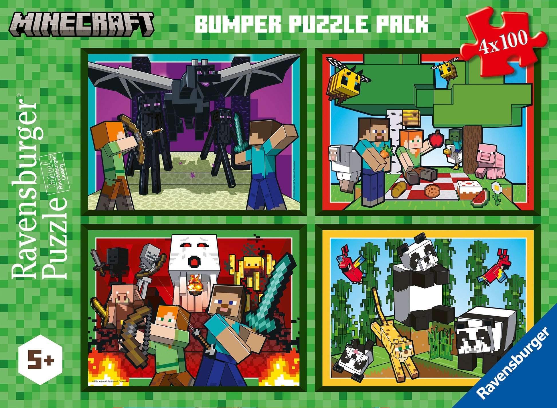 Ravensburger Minecraft Realms & Adventures 4 x 100 XXL piece children's jigsaw puzzle bumper pack featuring four Minecraft adventure scenes