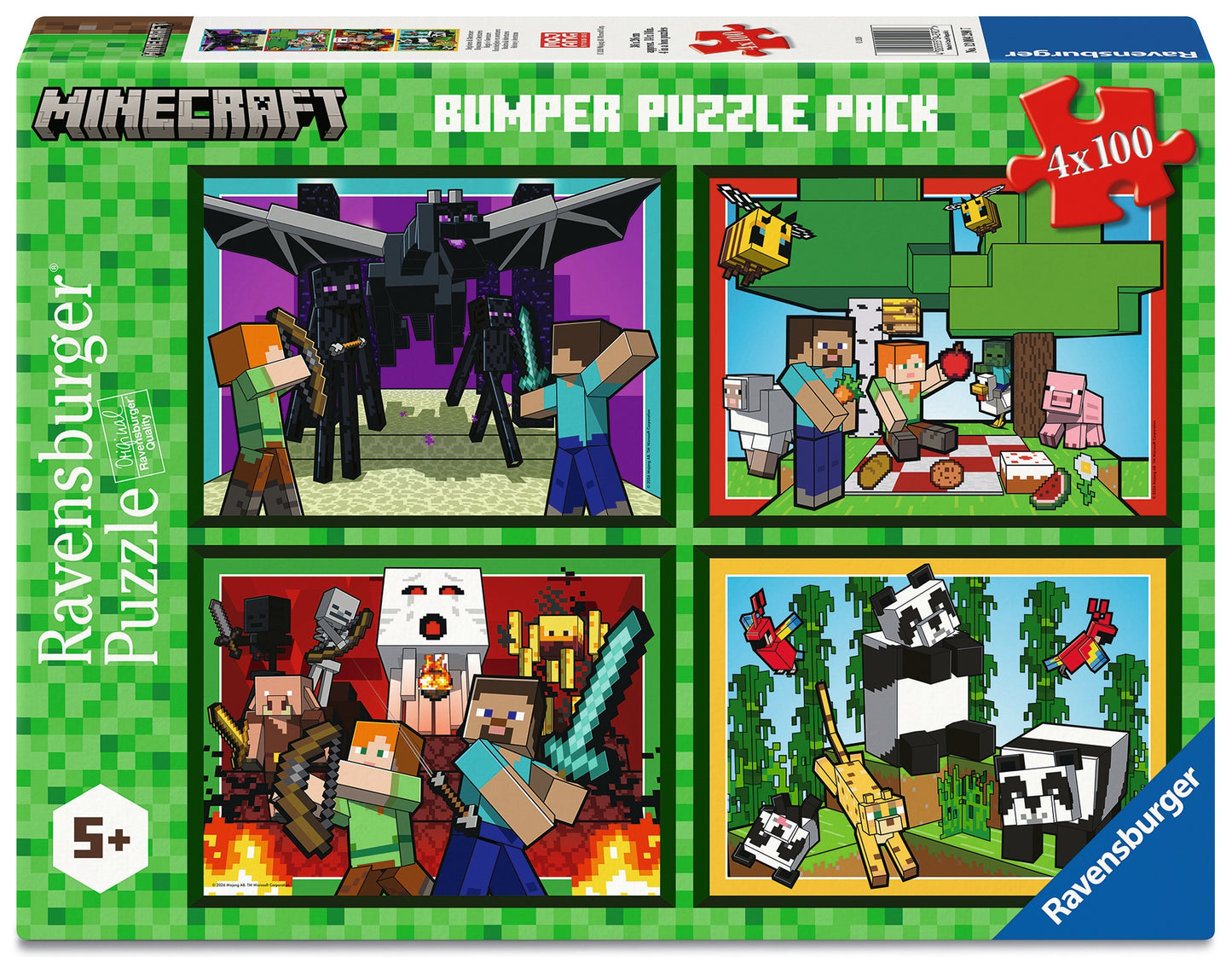 Ravensburger Minecraft Realms & Adventures 4 x 100 XXL piece children's jigsaw puzzle bumper pack featuring four Minecraft adventure scenes