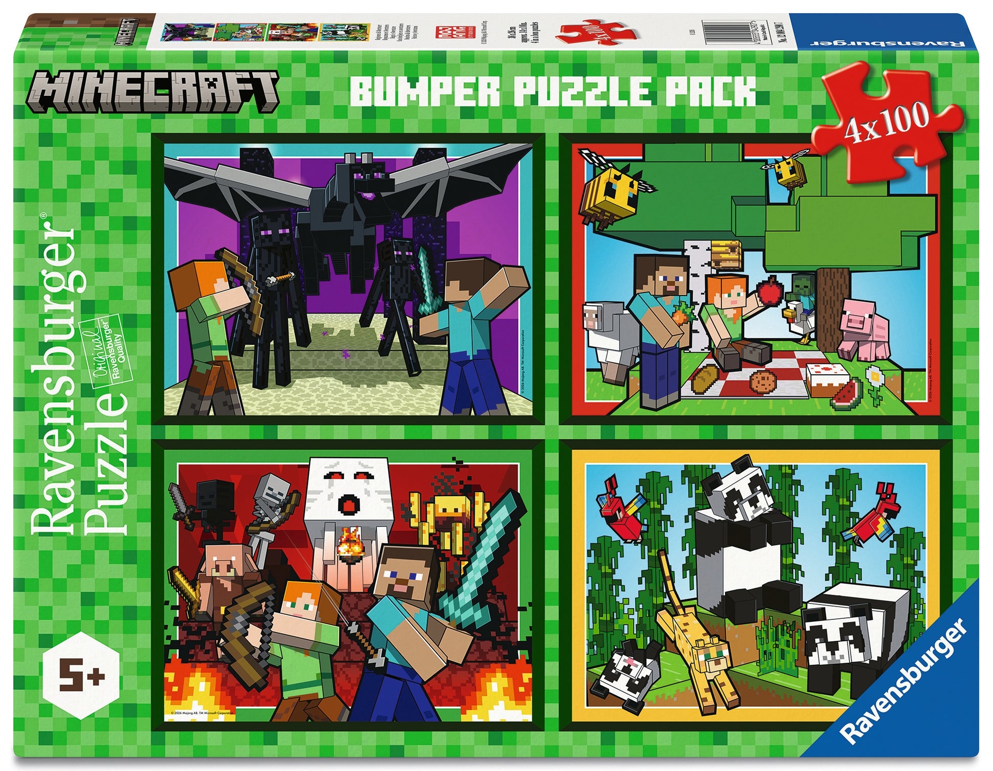 Ravensburger Minecraft Realms & Adventures 4 x 100 XXL piece children's jigsaw puzzle bumper pack featuring four Minecraft adventure scenes