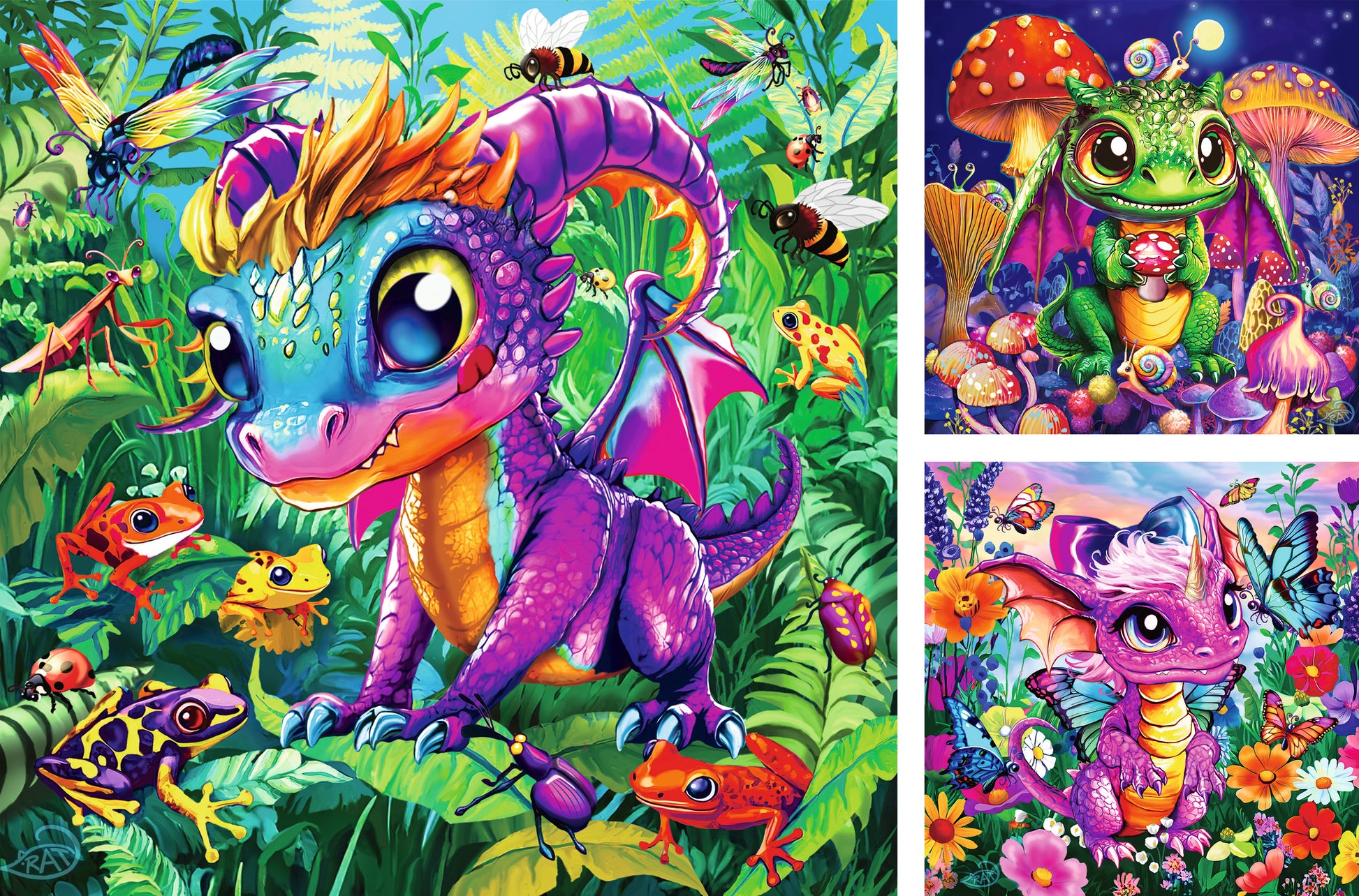 Ravensburger Baby Garden Dragons 3 x 49 piece jigsaw puzzle set featuring adorable baby dragons in magical garden scenes