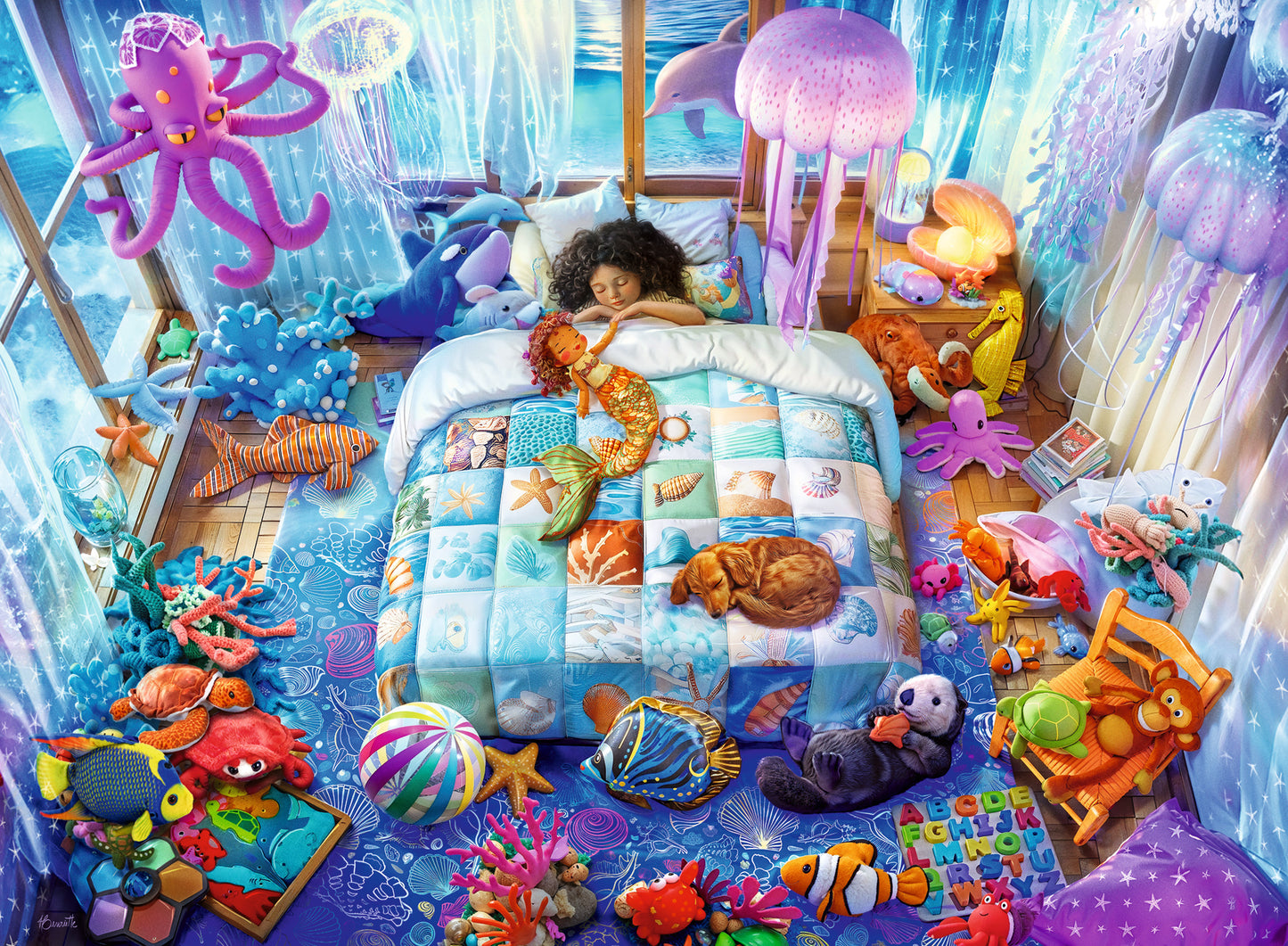 Ravensburger UnderSea Dreams 150 XXL piece children's jigsaw puzzle featuring a magical underwater bedroom with an octopus, jellyfish and sea creatures