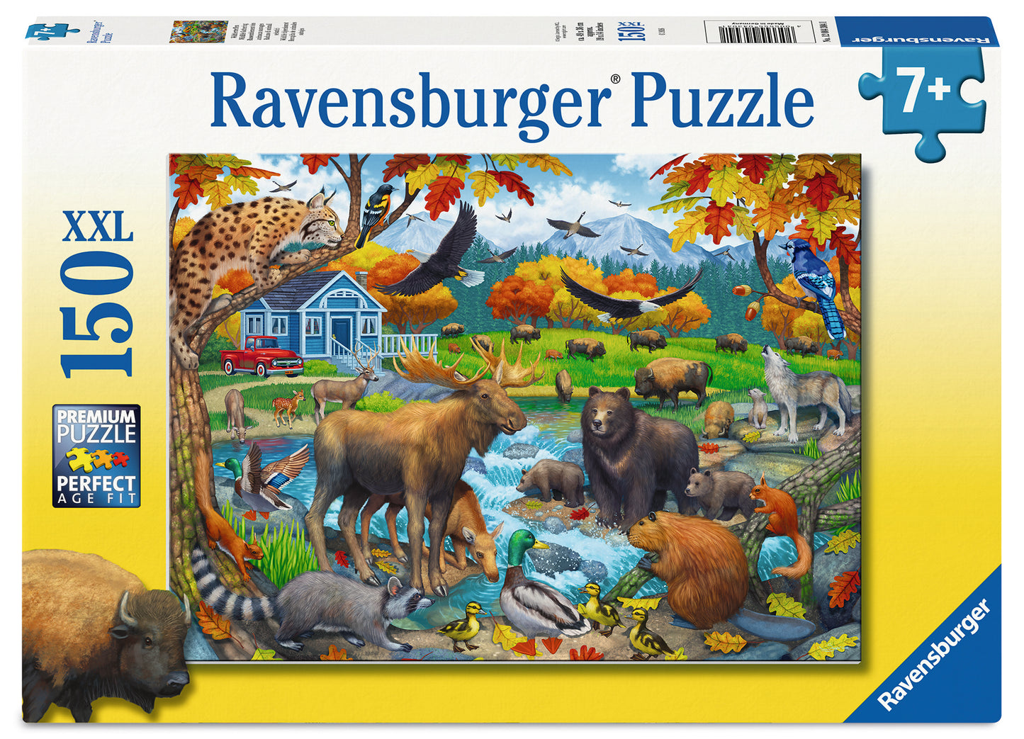 Ravensburger Wildlife Gathering 150 XXL piece children's jigsaw puzzle featuring beavers, deer, bison, ducks and moose gathered beside a forest river