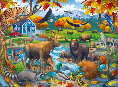 Ravensburger Wildlife Gathering 150 XXL piece children's jigsaw puzzle featuring beavers, deer, bison, ducks and moose gathered beside a forest river