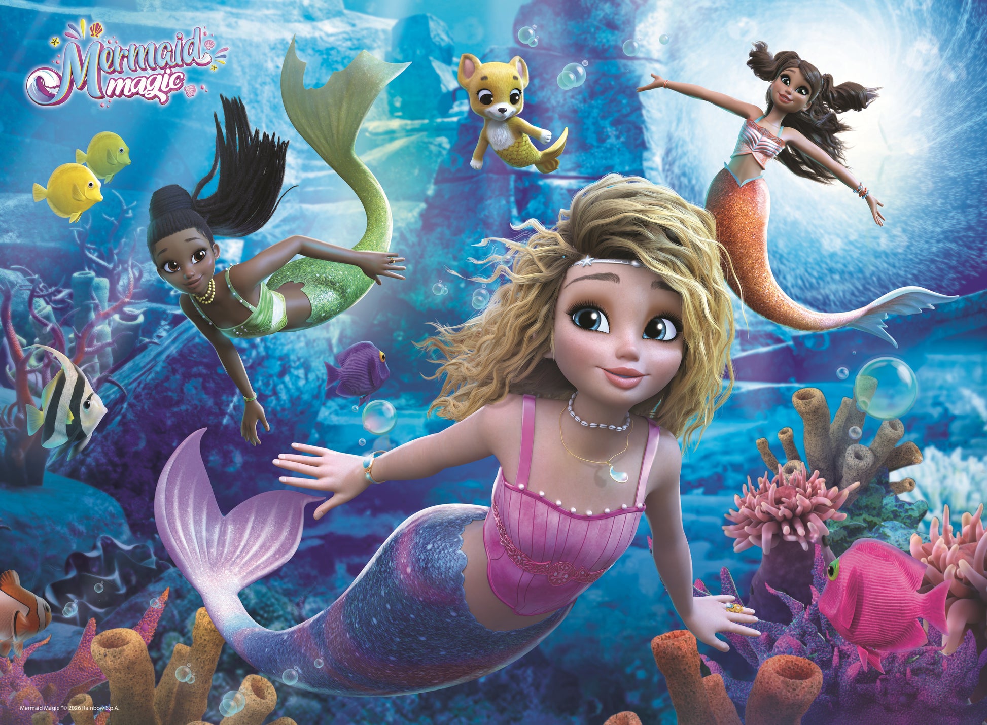 Ravensburger Mermaid Magic 200 XXL piece children's jigsaw puzzle featuring Merlinda, Sasha, Nerissa and Bo.Jr in a colourful underwater kingdom