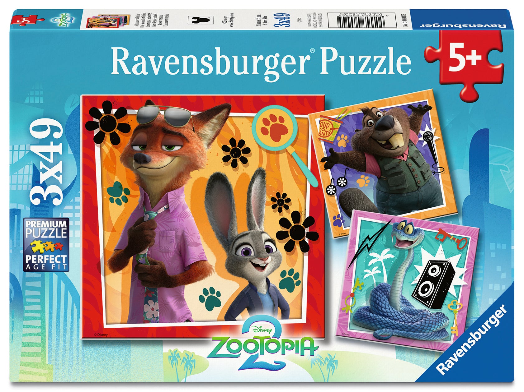 Ravensburger Disney Zootopia 2 A New Mission 3 x 49 piece jigsaw puzzle set featuring Judy Hopps, Nick Wilde and friends