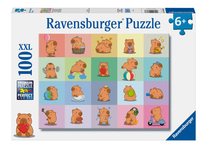 Ravensburger Capybara 100 XXL piece children's jigsaw puzzle featuring a collage of playful capybaras