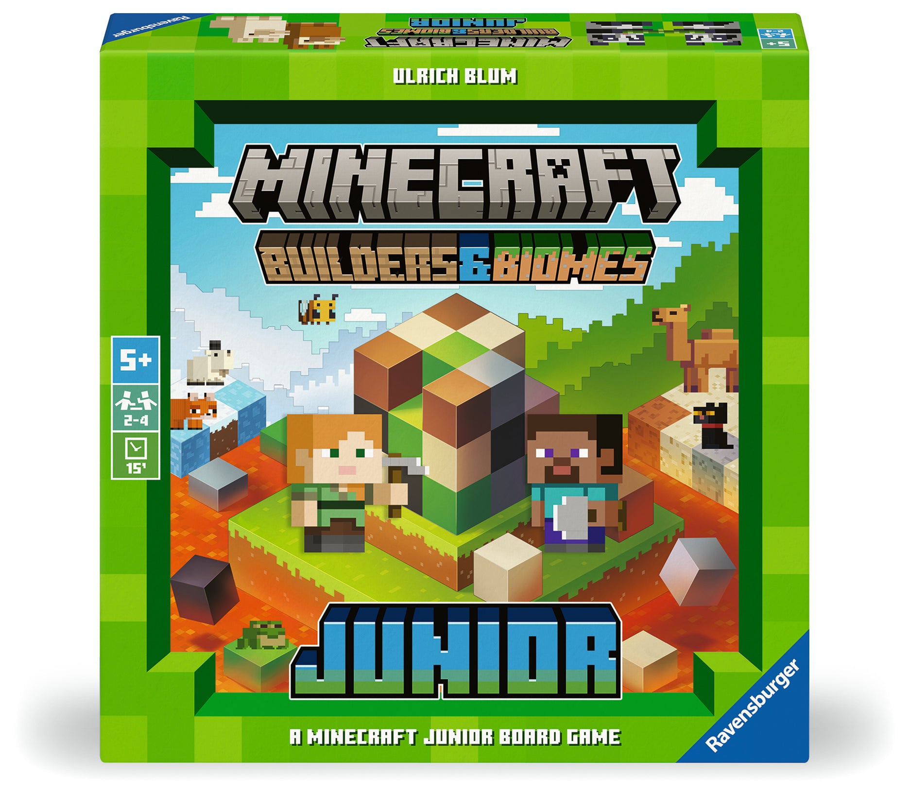 Ravensburger Minecraft Builders & Biomes Junior cooperative board game with pickaxe, wooden blocks and farm building gameplay for ages 5 and up