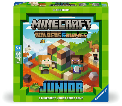 Ravensburger Minecraft Builders & Biomes Junior cooperative board game with pickaxe, wooden blocks and farm building gameplay for ages 5 and up