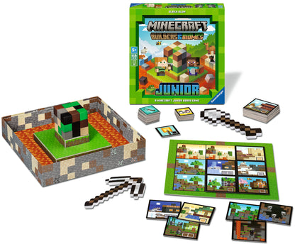 Ravensburger Minecraft Builders & Biomes Junior cooperative board game with pickaxe, wooden blocks and farm building gameplay for ages 5 and up