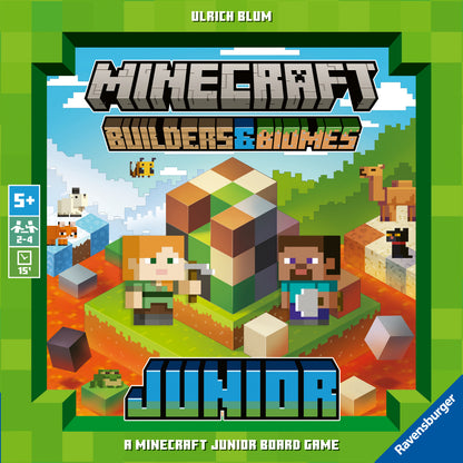 Ravensburger Minecraft Builders & Biomes Junior cooperative board game with pickaxe, wooden blocks and farm building gameplay for ages 5 and up