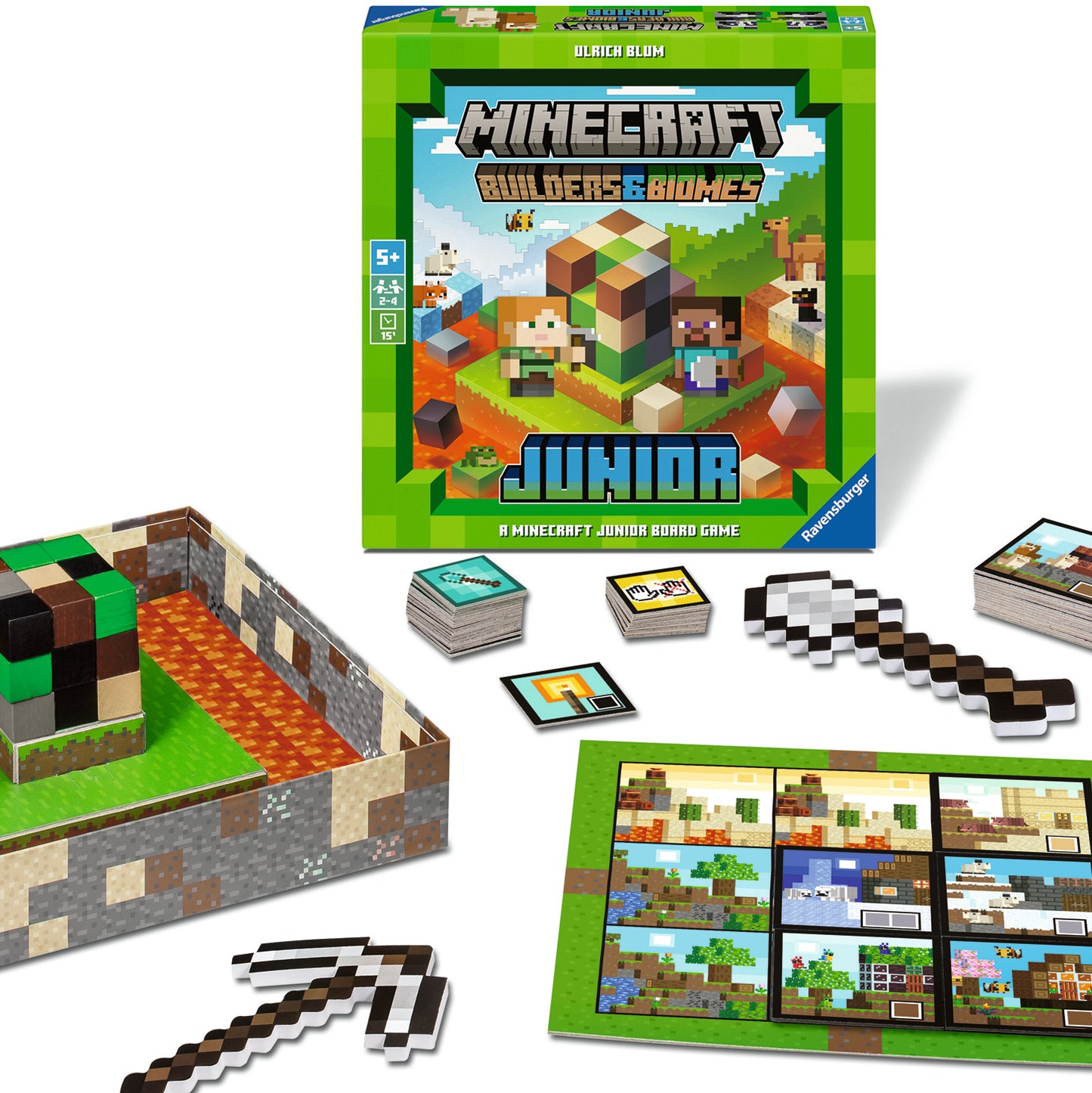 Ravensburger Minecraft Builders & Biomes Junior cooperative board game with pickaxe, wooden blocks and farm building gameplay for ages 5 and up