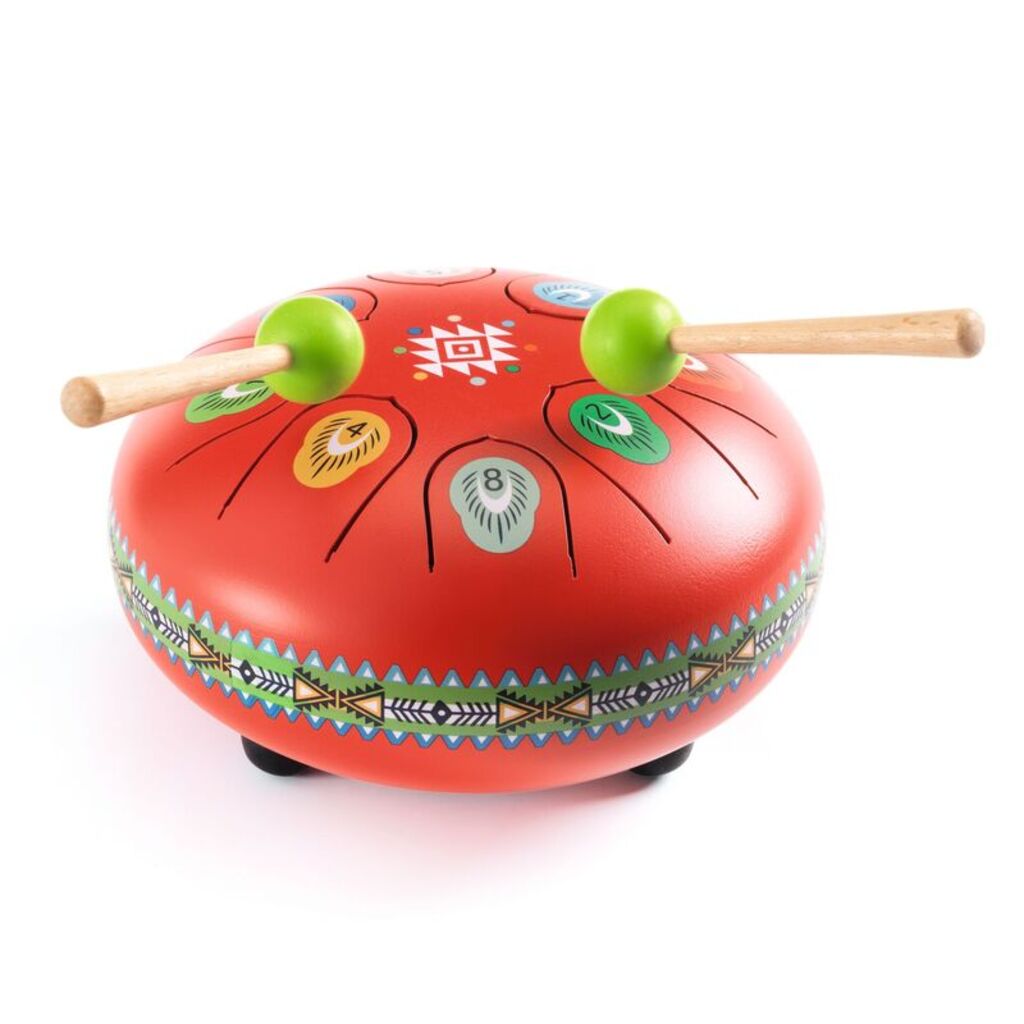 Djeco tongue drum with wooden drumsticks featuring soft rubber tips for young musicians
