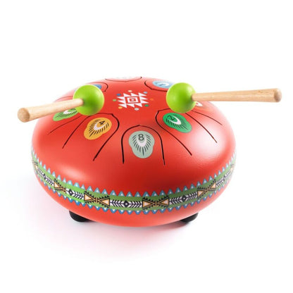 Djeco tongue drum with wooden drumsticks featuring soft rubber tips for young musicians