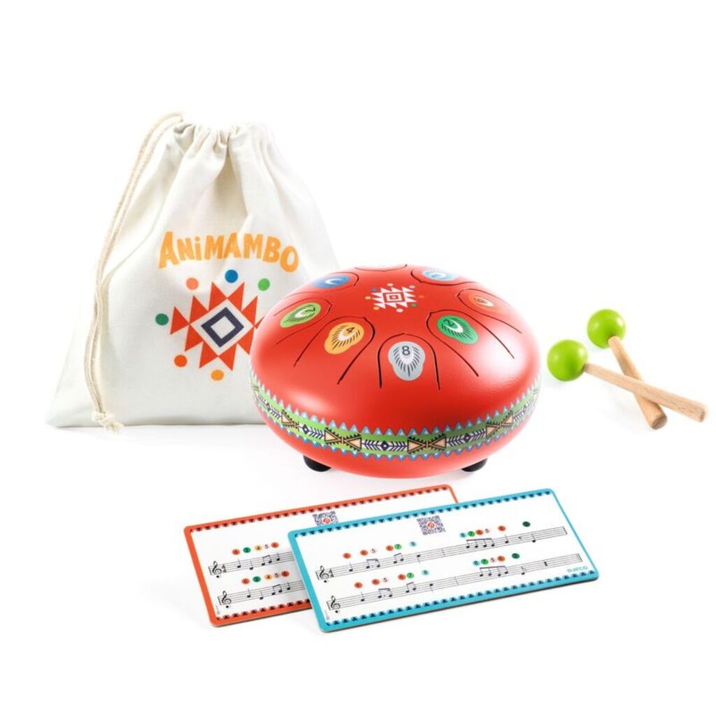 side view of the red metal tongue drum showing its rounded body and Animambo illustrations