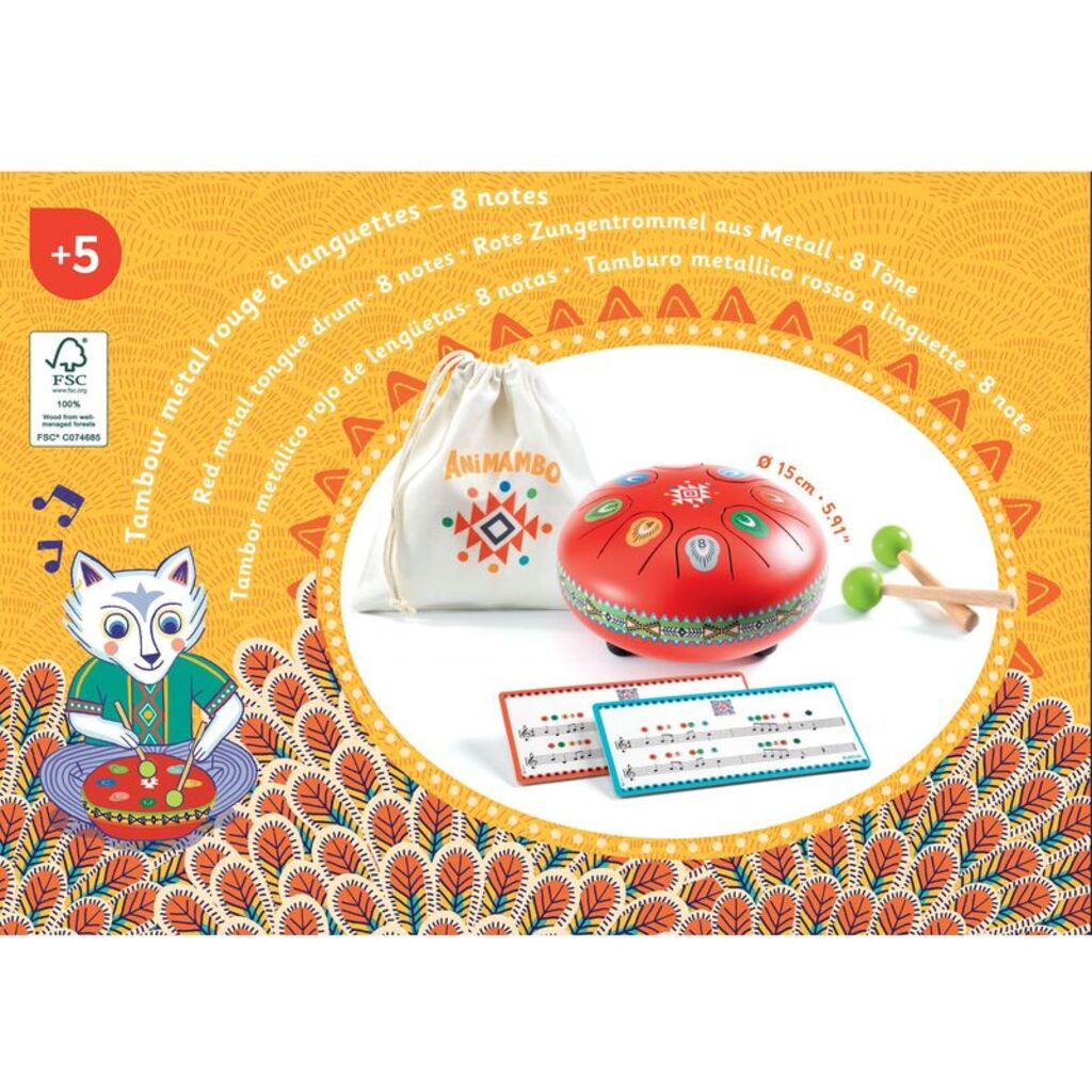 Djeco red metal tongue drum with 8 notes, wooden drumsticks and colourful Animambo illustrations