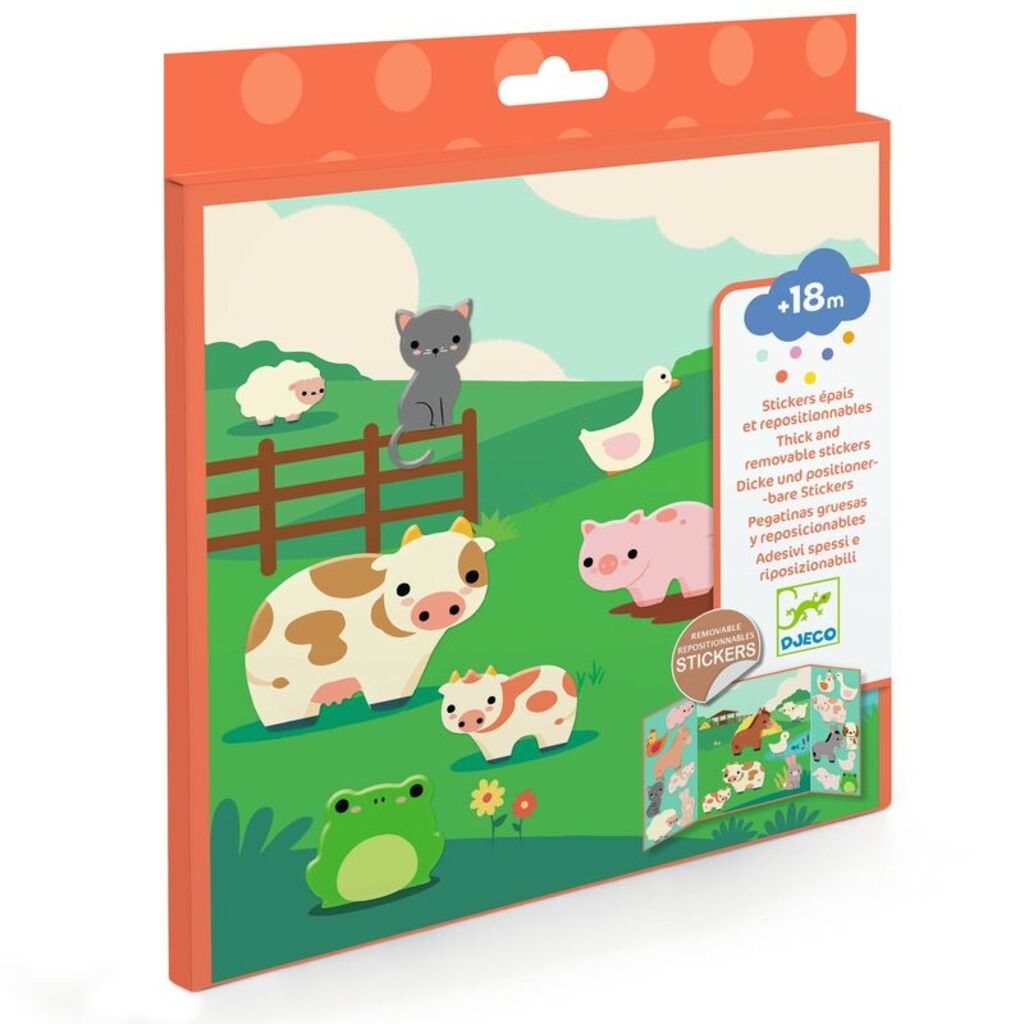 Djeco repositionable stickers for toddlers featuring thick farm animal stickers and an illustrated farm scene