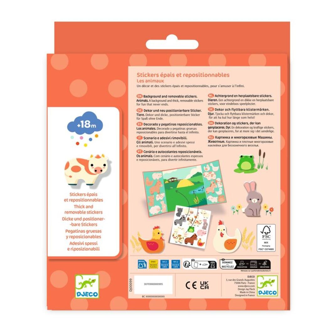 Djeco children's sticker set packaging with orange border and product images.