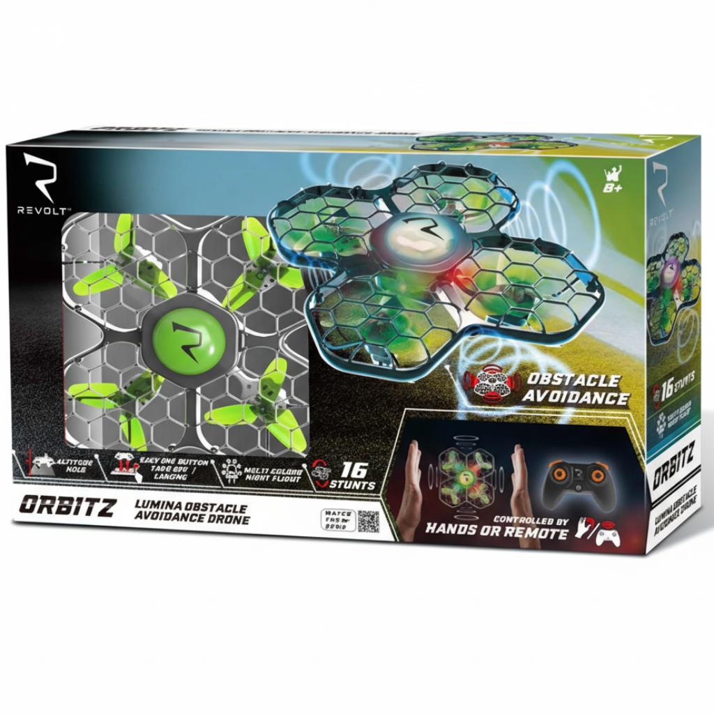 Revolt Orbitz Lumina obstacle avoidance remote control drone with LED lights in packaging