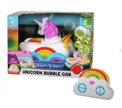 Revolt Unicorn Bubble Car remote control toy with bubbles rainbow lights and unicorn design in packaging