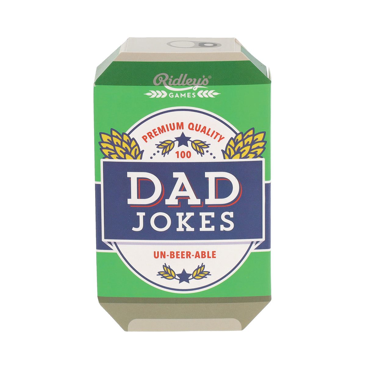 Ridley's Games 'Dad Jokes' card deck in its original green and navy blue packaging, featuring a retro beer-can-inspired design with gold wheat ears and white lettering.