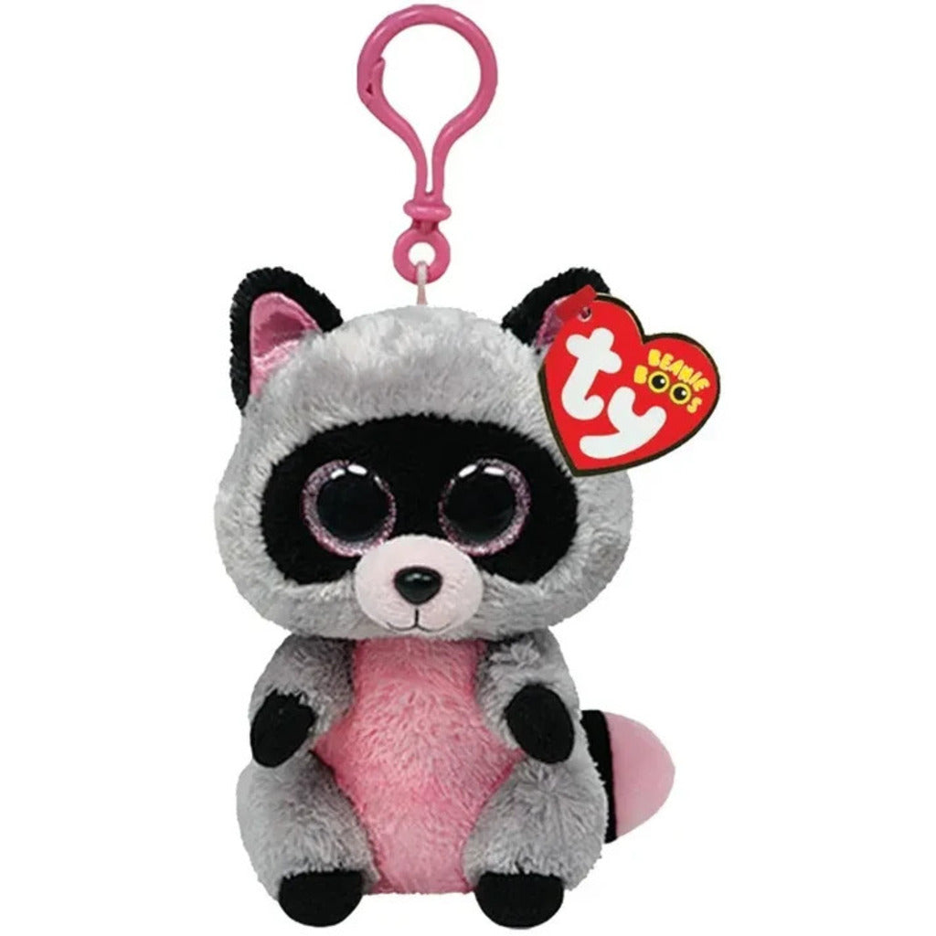 Rocco the Grey Raccoon Ty Beanie Boo Clip plush toy photographed front-on, 10cm, on a white background