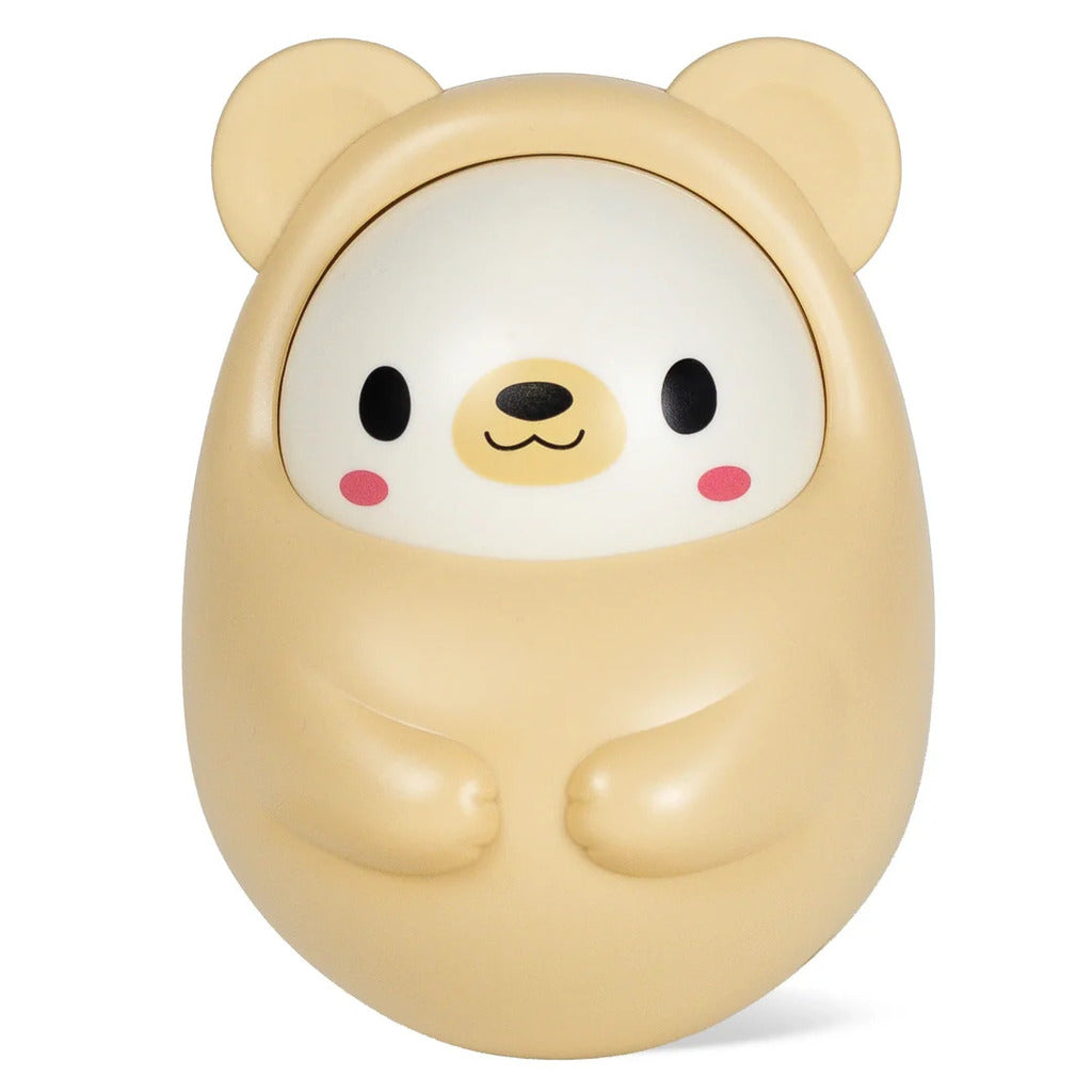 Wobble toy tipped to one side, showing how the weighted base rocks the bear back upright