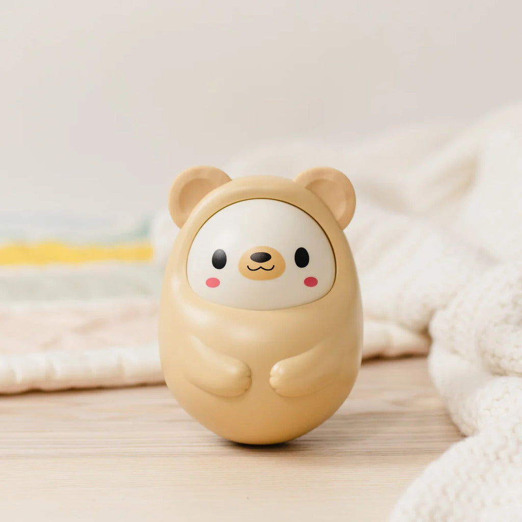 Close-up of the bear face and rounded body moulded from ECO bio-plastic in a soft beige finish