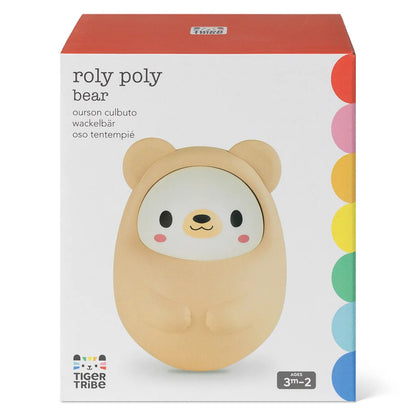 Roly poly bear wobble toy in beige, a weighted tumbler that rights itself, for babies from 3 months