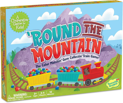 Round the Mountain cooperative kids board game with wooden train colourful gems and matching gameplay