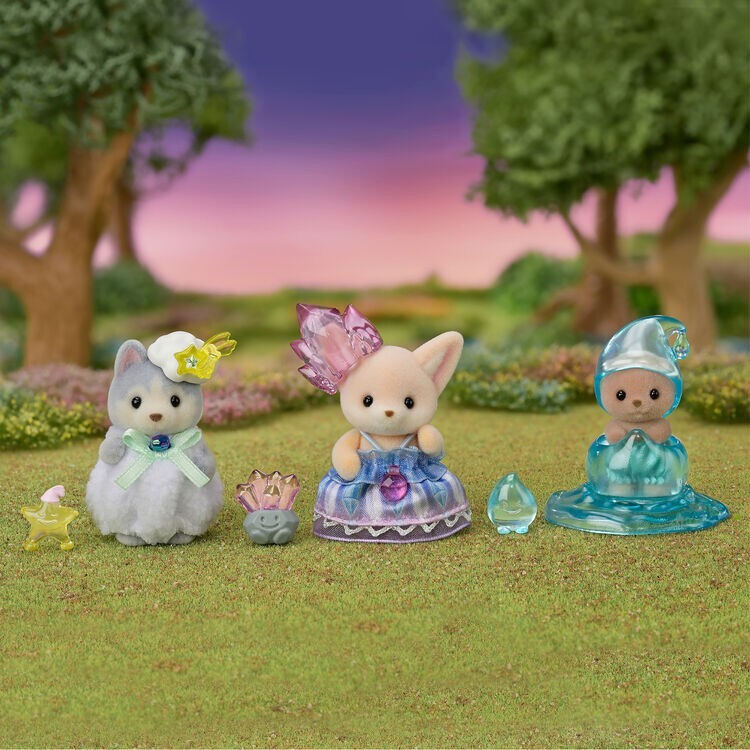 Sylvanian Families Enchanted Fairy Babies playing together in an enchanted woodland fairy garden