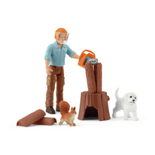 Schleich Forester Pocket Set 81475 with forester figure, puppy, squirrel, chainsaw and firewood accessories